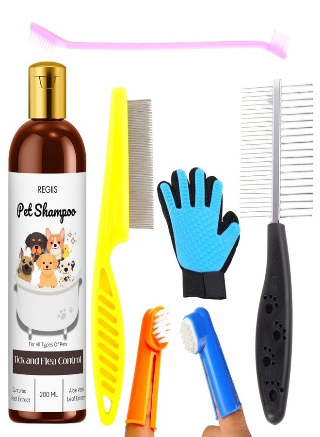 مجموعة ريجيس للعناية بالحيوانات الأليفة مع شامبو لمكافحة القراد والبراغيث، ومجموعة فرشاة احترافية للكلاب، وقفاز لإزالة الشعر الزائد، وأمشاط، 200 مل (عبوة من 5 قطع) - Image 1